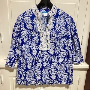 Ocean Pacific Size XXL Blue White Pam Tree Leaf Boho Blouse 3/4 Sleeves Top